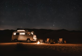 Fototapeta na wymiar Camper van camping under starry night sky