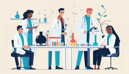 Minimalist illustration of diverse scientists working in a lab
