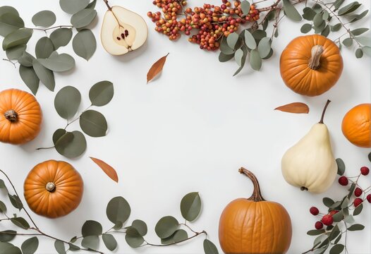Autumn flat lay white background with pumpkins and seasonal items