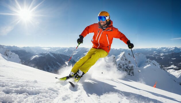 Skier jumping on a sunny mountain slope with professional equipment