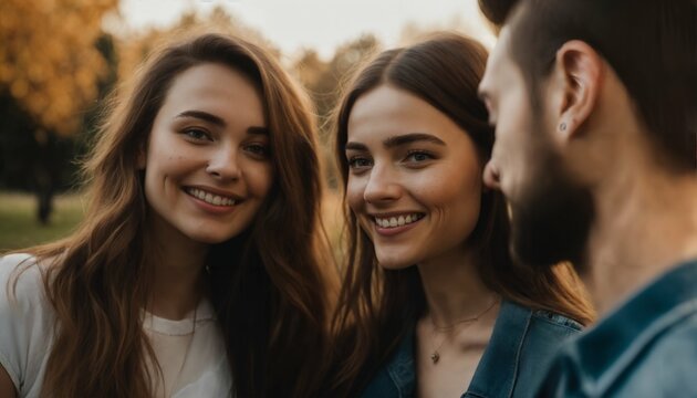 Smiling young woman in polyamorous relationship ENM concept