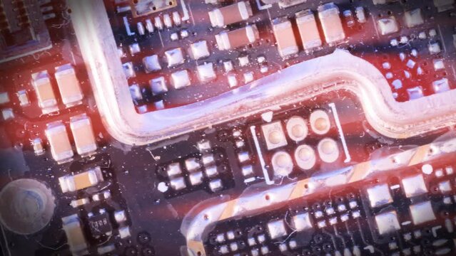 Microcircuit tracking shot, printed circuit board with conductive traces and vias,  electronic semiconductor chip. Macro close up of computer hardware parts.