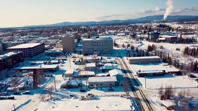 4K Drone Video of Buildings in Downtown Fairbanks Alaska on Snowy Winter Day