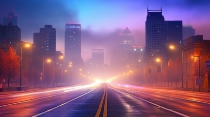 Fototapeta na wymiar A dramatic foggy or misty road with colorful light from traffic cars through city in the morning sunrise. 