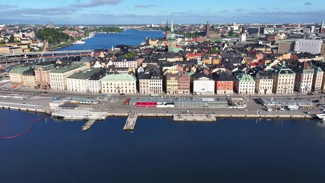 Scandinavian architecture, old town of Gamla Stan, Stockholm. Aerial view, sunny morning