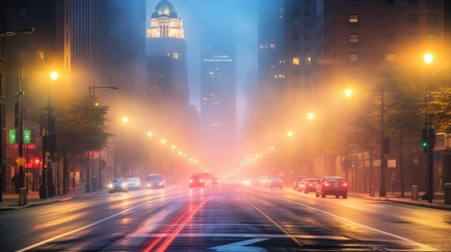 A dramatic foggy or misty road with colorful light from traffic cars through city in the morning sunrise.	
