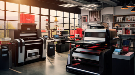 Interior of modern office printshop with multifunctional professional publishing and photocopy equipment. Business, paperwork and publication. Large format printer