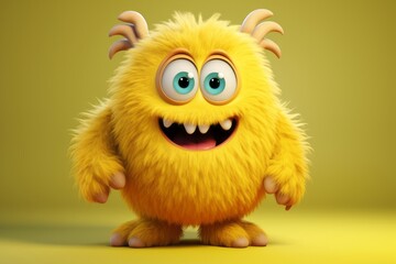 Fototapeta premium Cute yellow furry monster 3D cartoon character