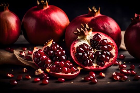  a pomegranate split open, seeds spilling out,