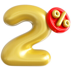 2 percent off gold 3d number render