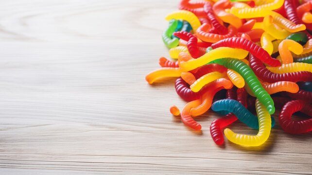 Sweet Gummy Worms Candy Photorealistic Horizontal Background. Sweet Dessert From Confectionery. Ai Generated Backdrop with Copyspace. Flavory Gummy Worms Candy.