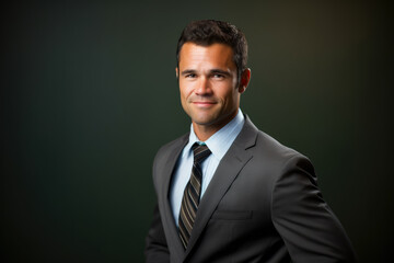 Captivating Male Entrepreneur in a Professional Suit and Tie, Smiling Confidently at the Camera against a Teal Background