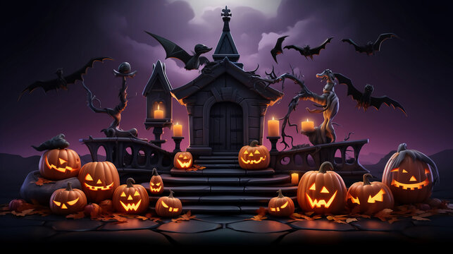 Halloween background with pumpkins and witch house, 3d render.