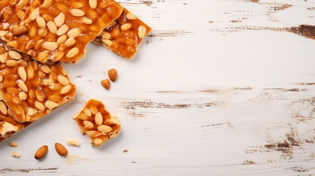 Sweet Peanut Brittle Candy Photorealistic Horizontal Background. Sweet Dessert From Confectionery. Ai Generated Backdrop with Copyspace. Flavory Peanut Brittle Candy.