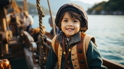 Asian pirate boy on a ship, portrait of a person
