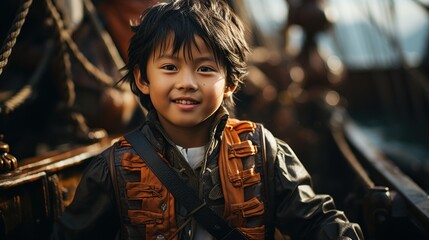Asian pirate boy on a ship, portrait of a person