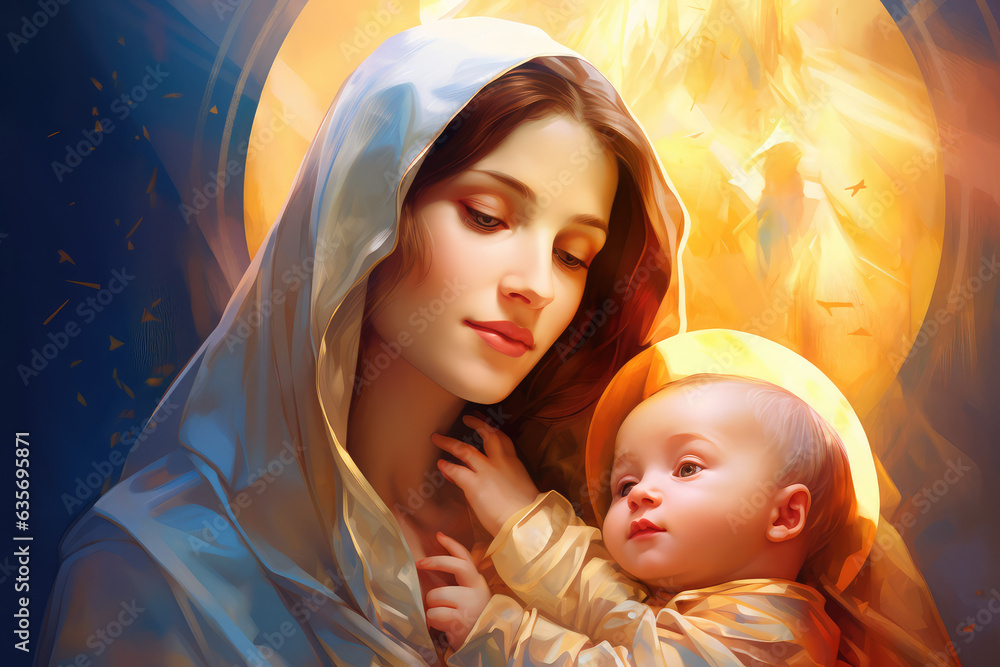 Wall mural Holy Mary Mother of God and baby jesus , generative AI	
