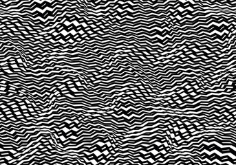 Black and white optical pattern. Moiré pattern. Warped zigzag. Vibration lines Vector seamless pattern - 635696051