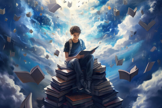 Young man seen sitting on heap of books