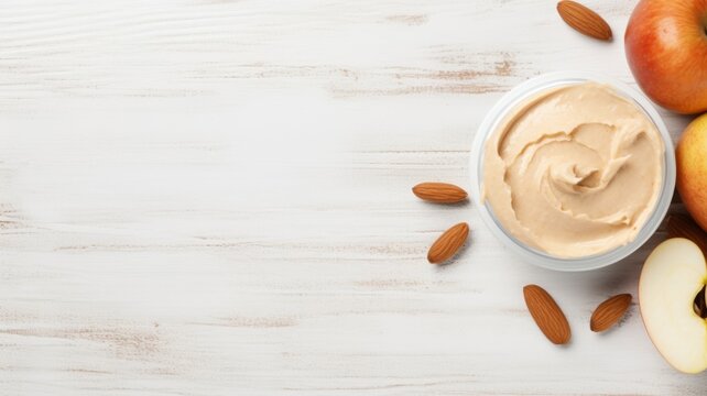 Delicious Apple and Almond Butter Food Combination Photorealistic Horizontal Background. Crunchy and Nutty Fusion. Ai Generated Backdrop with Copyspace. Aromatic Apple and Almond Butter Food