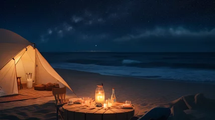 Fotobehang Camps Bay Beach, Kaapstad, Zuid-Afrika tent in the night