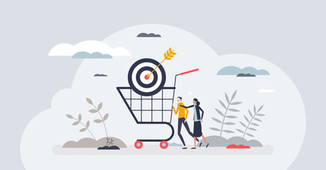 Affiliate marketing to earn commission for promotion tiny person concept. Targeted ads as product advertisement with personal link for earnings vector illustration. Ecommerce shopping in web shop.