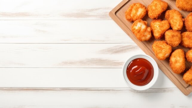 Delicious Chicken Nuggets and BBQ Sauce Food Combination Photorealistic Horizontal Background. Flavorful Dipping American Duo. Ai Generated Backdrop with Copyspace. Aromatic Chicken Nuggets and BBQ