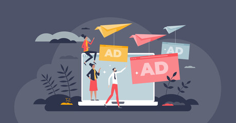 Online advertising and commercial campaign with web ads tiny person concept. Promotion offers in sponsored posts, email messages or stories content vector illustration. Social media targeted audience