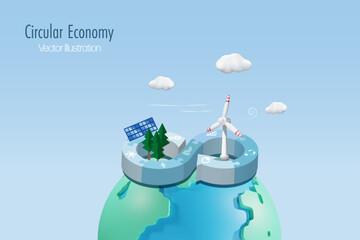 Circular economy symbol in jigsaw with wind turbines, solar panel on world. Sustainable environment strategy of eliminate waste and pollution, renewable and reuse for global business goal.