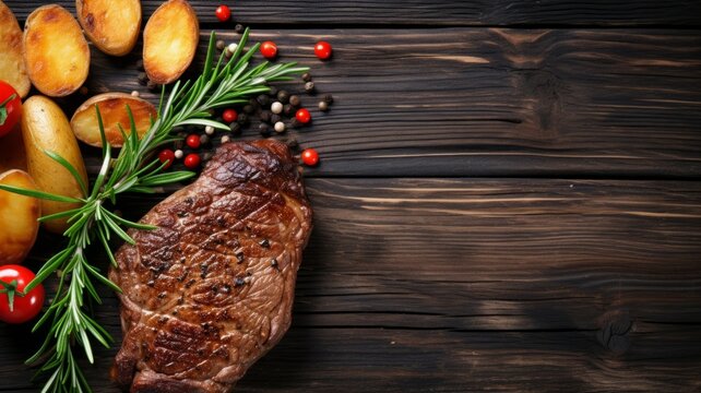 Delicious Steak and Potatoes Food Combination Photorealistic Horizontal Background. Classic Dinner Dish. Ai Generated Backdrop with Copyspace. Aromatic Steak and Potatoes Food Combination.