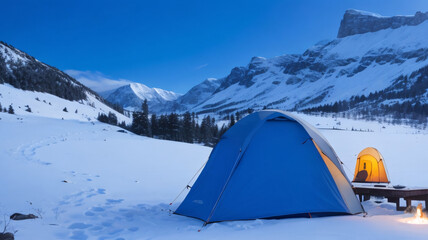 tent in thes nowy mountains - obrazy, fototapety, plakaty