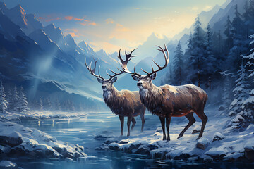 Deer in the snow landscape background