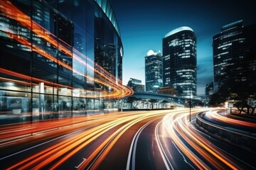 Obraz premium High speed traffic and light trails in highway at twilight Modern city at night Generative AI.