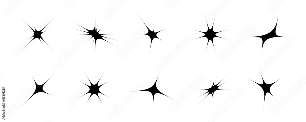 Poster black stars and twinkles set. retro blink collection. abstract simple starburst shine effect pack. d