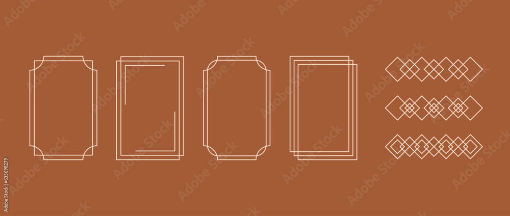 Aufkleber Boho style linear frame collection. Bohemian decorative geometric border and element set for badge, logo, card, poster, banner, post, design template. Terracotta patterns pack. Vector