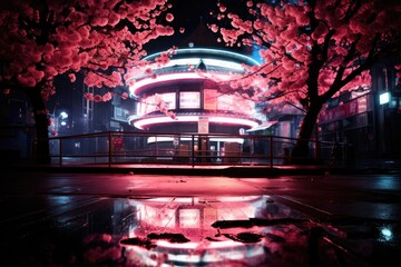 A neon octagon, pulsing with a radiant glow, is bordered by a breathtaking scene of cherry blossoms in full bloom.