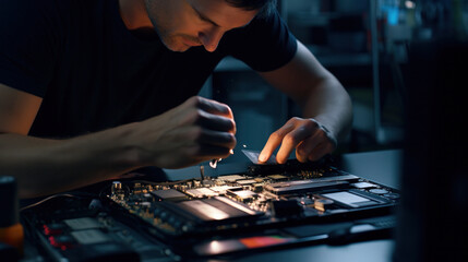 The technician hold the screwdriver for repairing the computer. the concept of computer hardware, repairing, upgrade and technology.