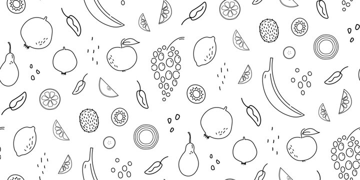 Seamless pattern with fruits citrus fruits apple banana kiwi pomegranate grapes in hand drawn graphic style.	
