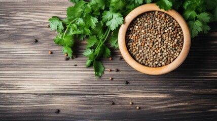 Aromatic Coriander Spice Photorealistic Horizontal Background. Healthy Vegetarian Diet. Ai Generated Backdrop with Copyspace. Flavory Coriander Spice.