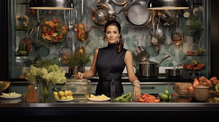 beautiful elegant woman wearing in a designer dress in kitchen