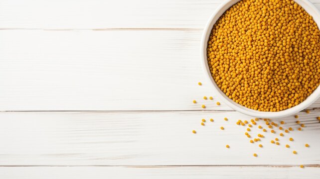 Aromatic Mustard Seed Spice Photorealistic Horizontal Background. Healthy Vegetarian Diet. Ai Generated Backdrop with Copyspace. Flavory Mustard Seed Spice.