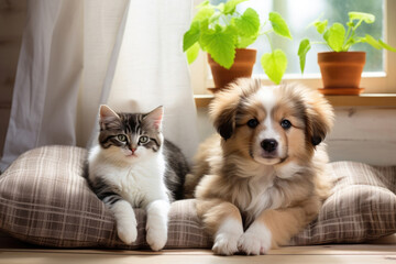 Cat and dog on the pillow at home