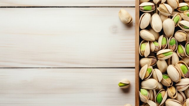 Organic Pistachio Nuts Photorealistic Horizontal Background. Nutritious Vegetarian Protein Snack. Ai Generated Backdrop with Copyspace. Tasty Pistachio Nuts.