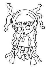 Outline a coloring page featuring a delightful cartoon chibi character. This adorable and petite figure is perfect for a children's coloring book.