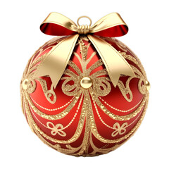 Red Christmas ball with a beautiful bow and a golden pattern, transparent background, Generative ai