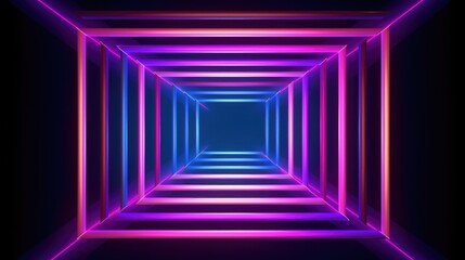 A neon square frame, glowing intensely, illuminates a spiral pattern within, weaving a hypnotic dance of light. Positioned against the backdrop of the night