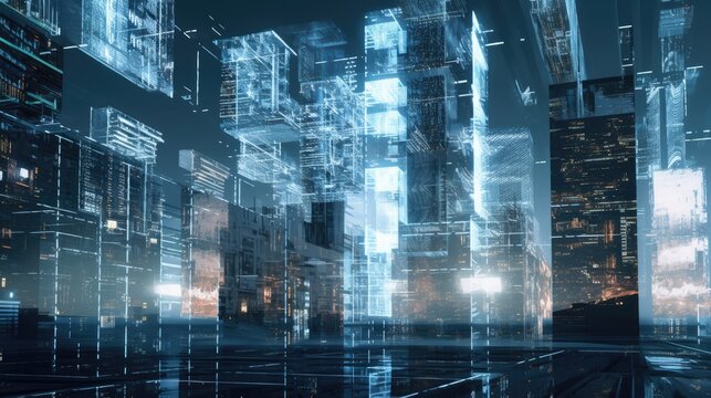 Abstract modern city with blue light network technology background 