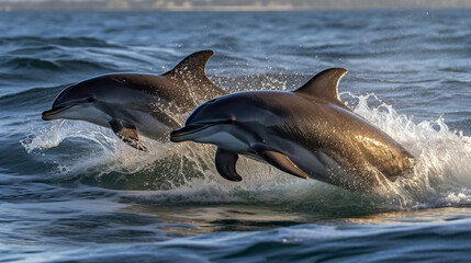 Dolphins jumping out of water in the ocean
