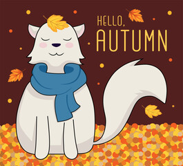 Cute cartoon white cat standing in a scarf with a leaf on a head. Bright autumn illustration on a brown background. Hello autumn postcard design.