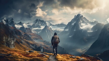 Naklejka na ściany i meble An outdoor extreme summer vacation background with man traveling on a mountain summit enjoying the nature with a big backpack hiking in a lake and enjoying the mountain lifestyle